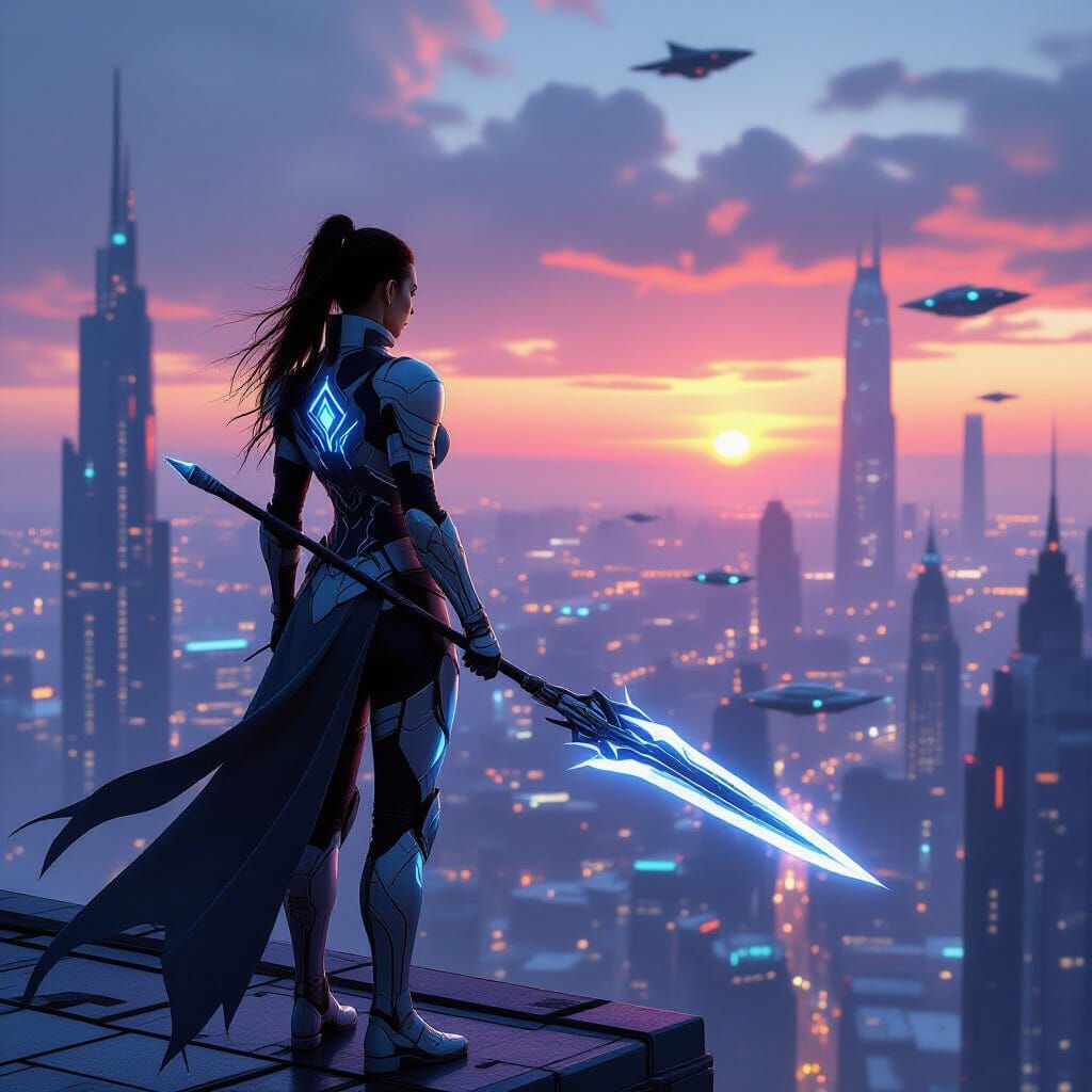 Female Warrior Overlooking Futuristic Metropolis at Dawn