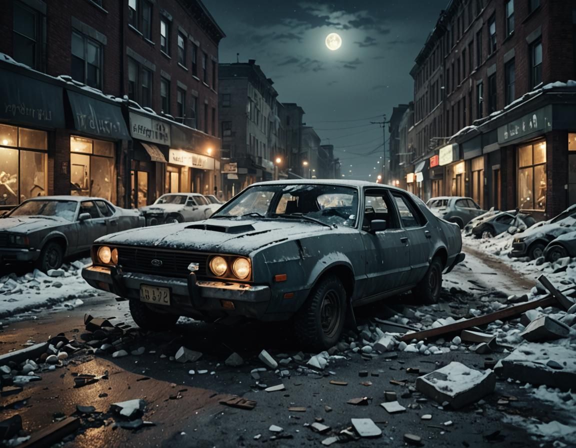 Cyberpunk Winter Ruins Under Full Moon