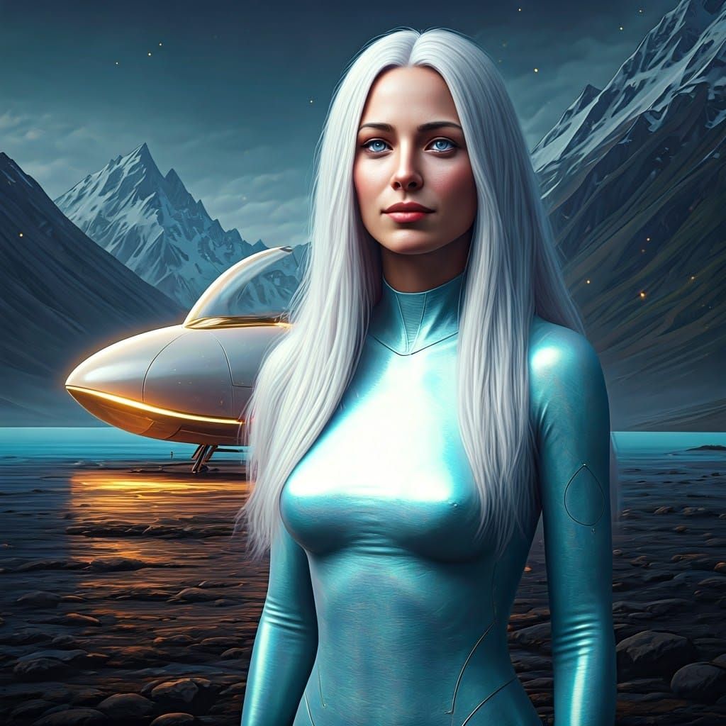 Enigmatic Woman Embraces Shimmering Spacecraft amidst Majest...