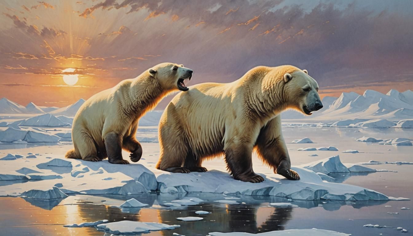 Polar Bear and Walrus Clash on Ice Floe in Vibrant Sunrise