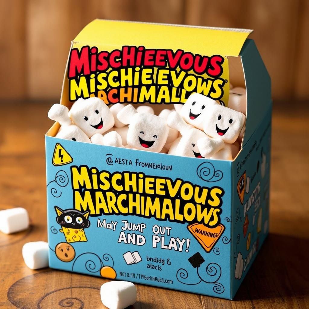 Mischievous Marshmallows Box: Playful Cartoon Illustration