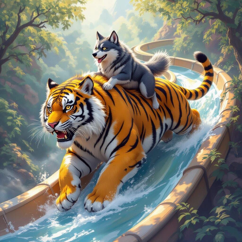 Inflated Tiger Mount on Waterslide, Digital Oil