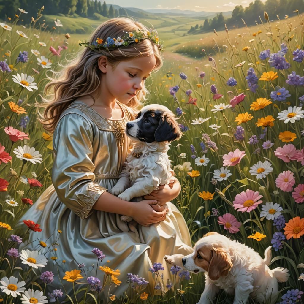 Angel and Child in Meadow with Puppy