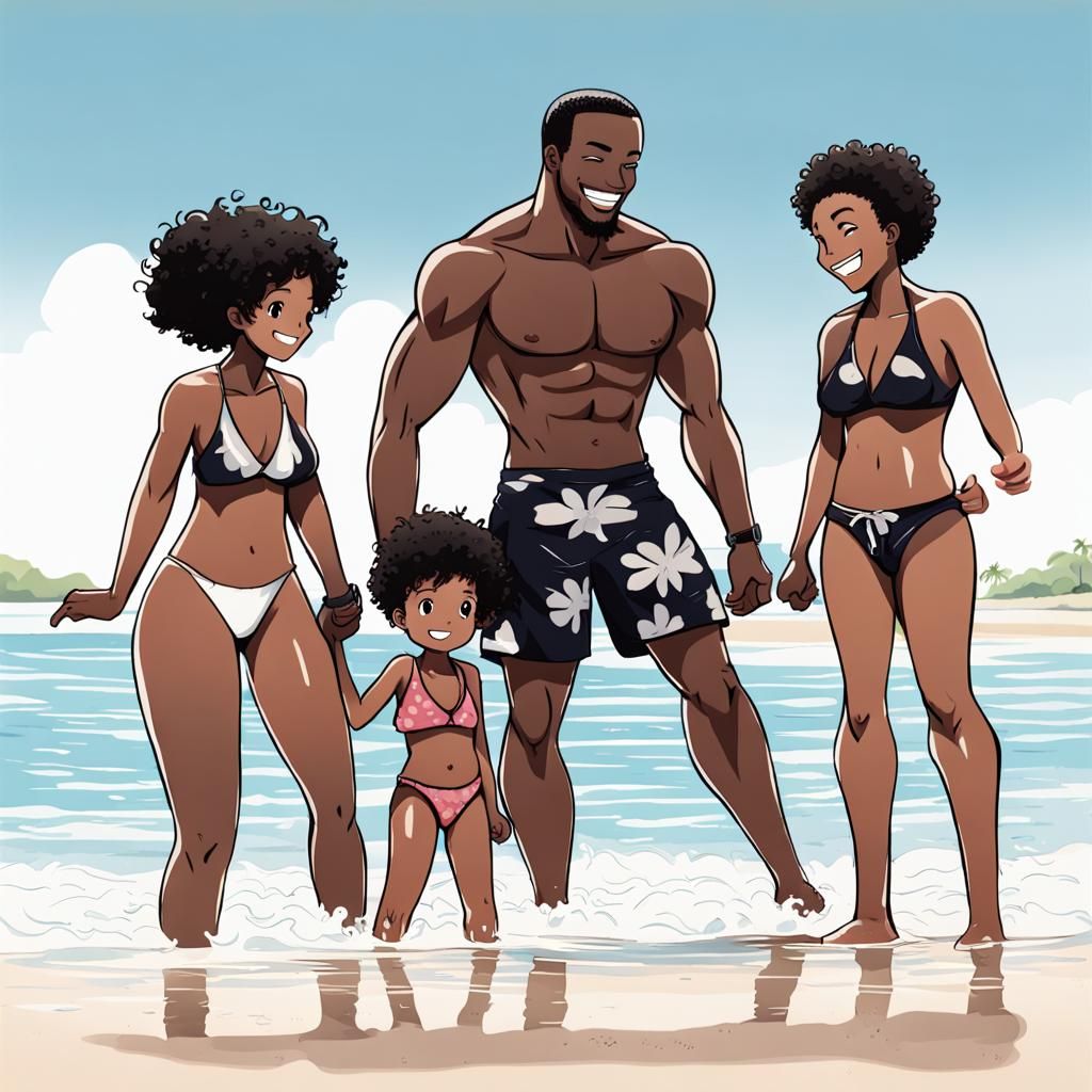Happy Black Manga Family at the Beach