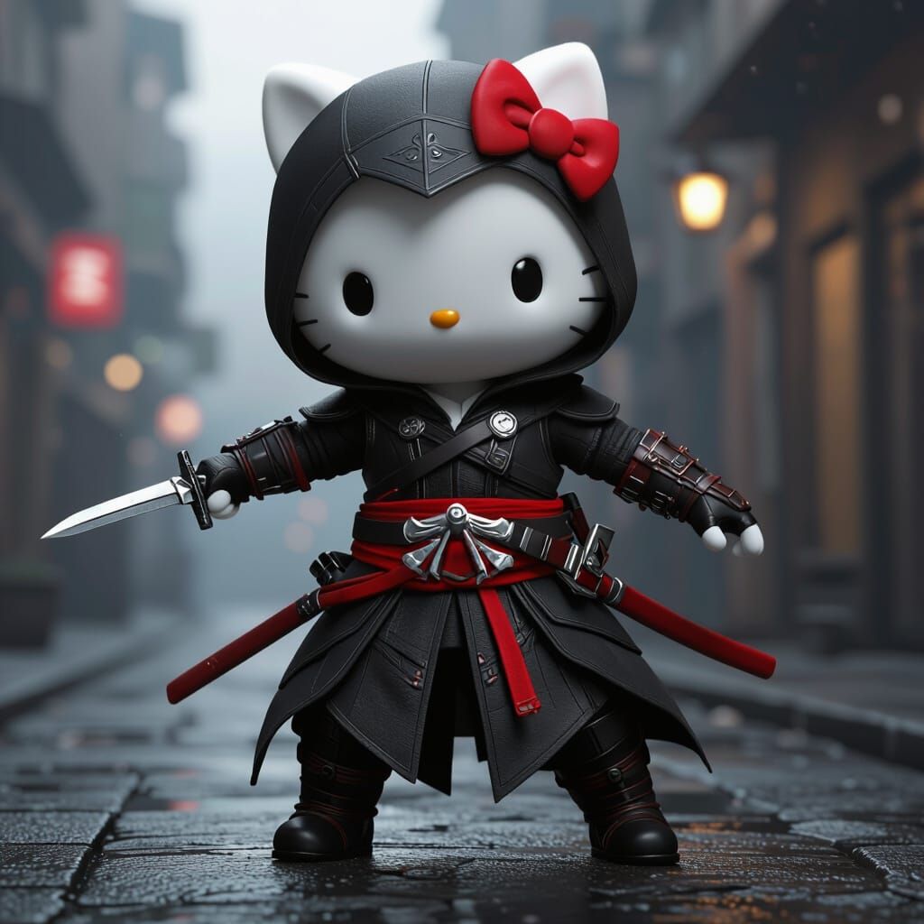 Hello Kitty as Assassin in Hyper-Realistic Urban Scene