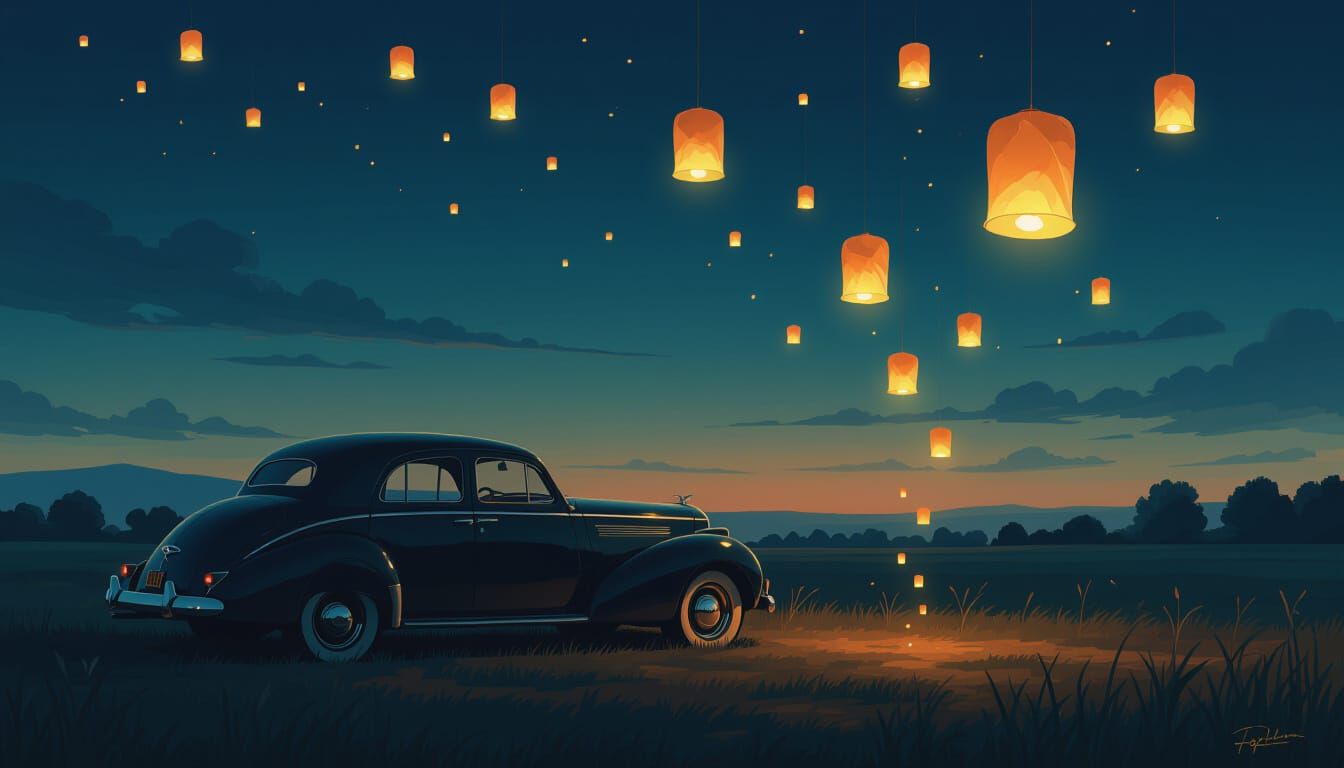 Vintage Car and Floating Lanterns in Moody Landscape