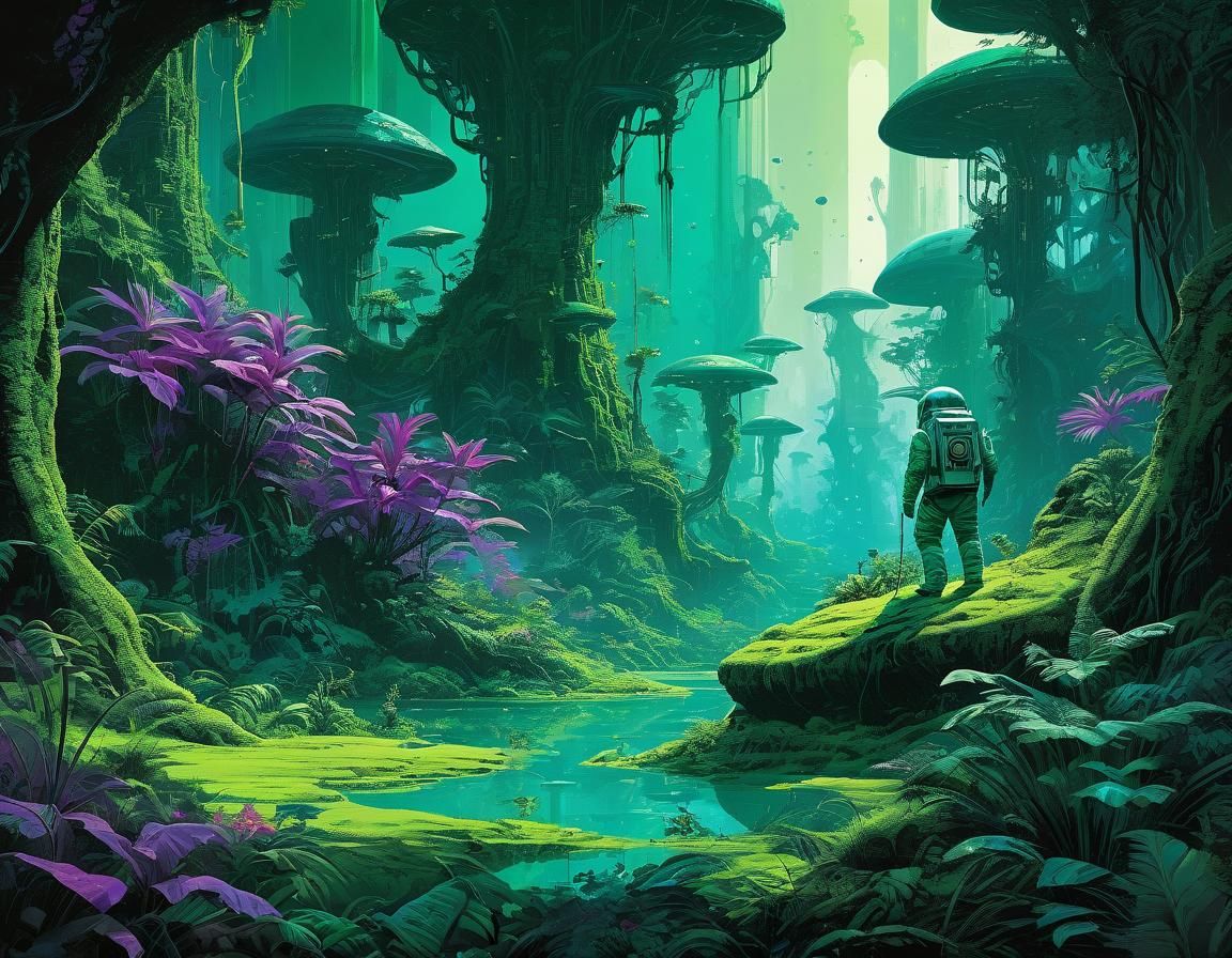 Astronauts Explore Alien Rainforest in Fantasy Illustration