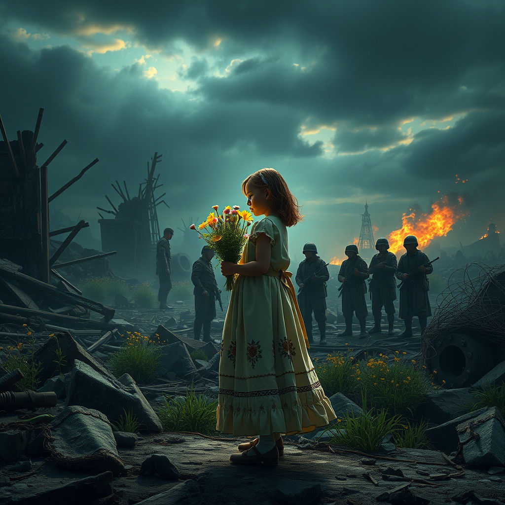 Girl Offers Flowers in War-Torn Landscape