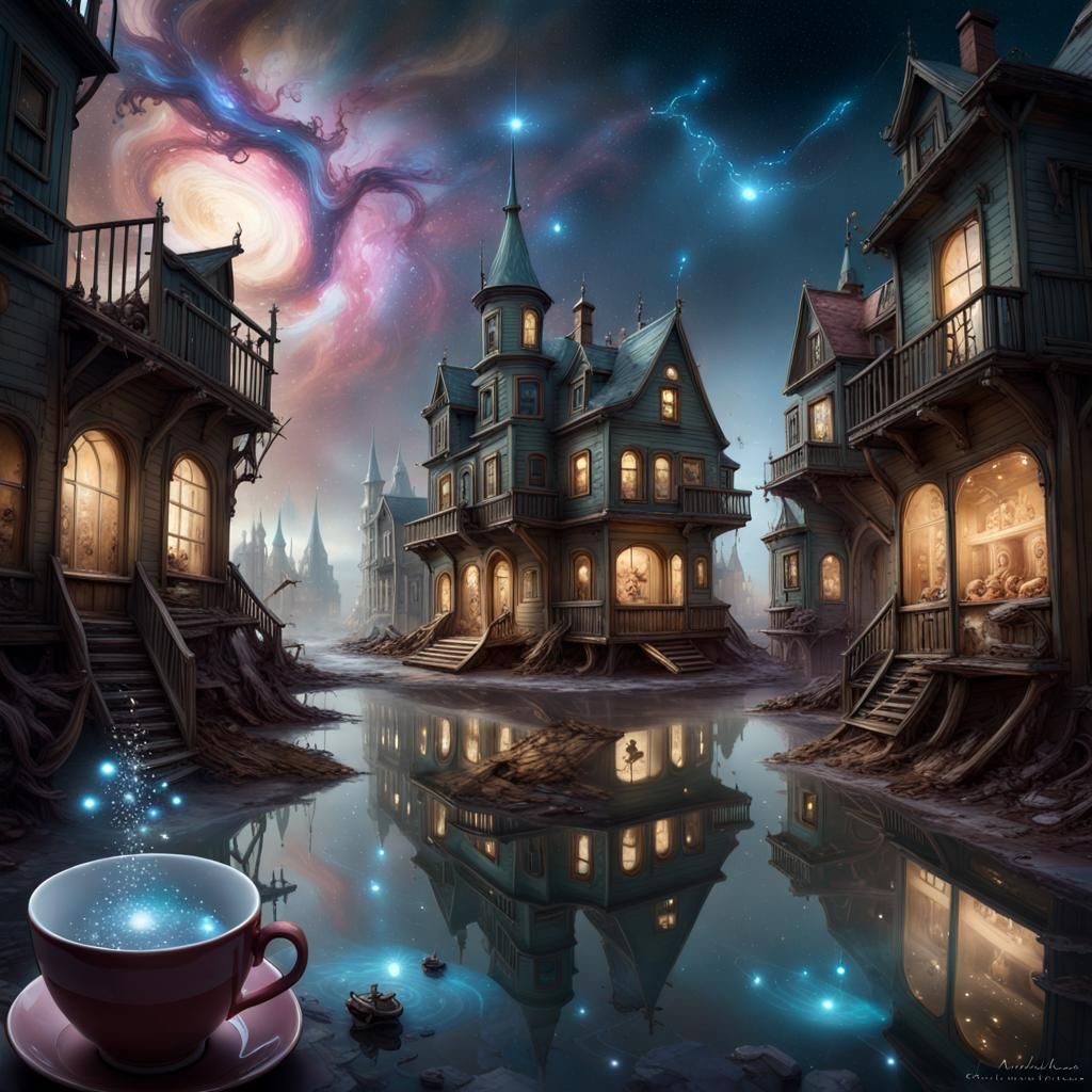 Miniature Magical Town in Teacup Galaxy, Digital Art