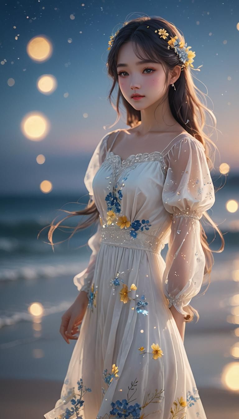 Anime Girl on Moonlit Beach in 3D