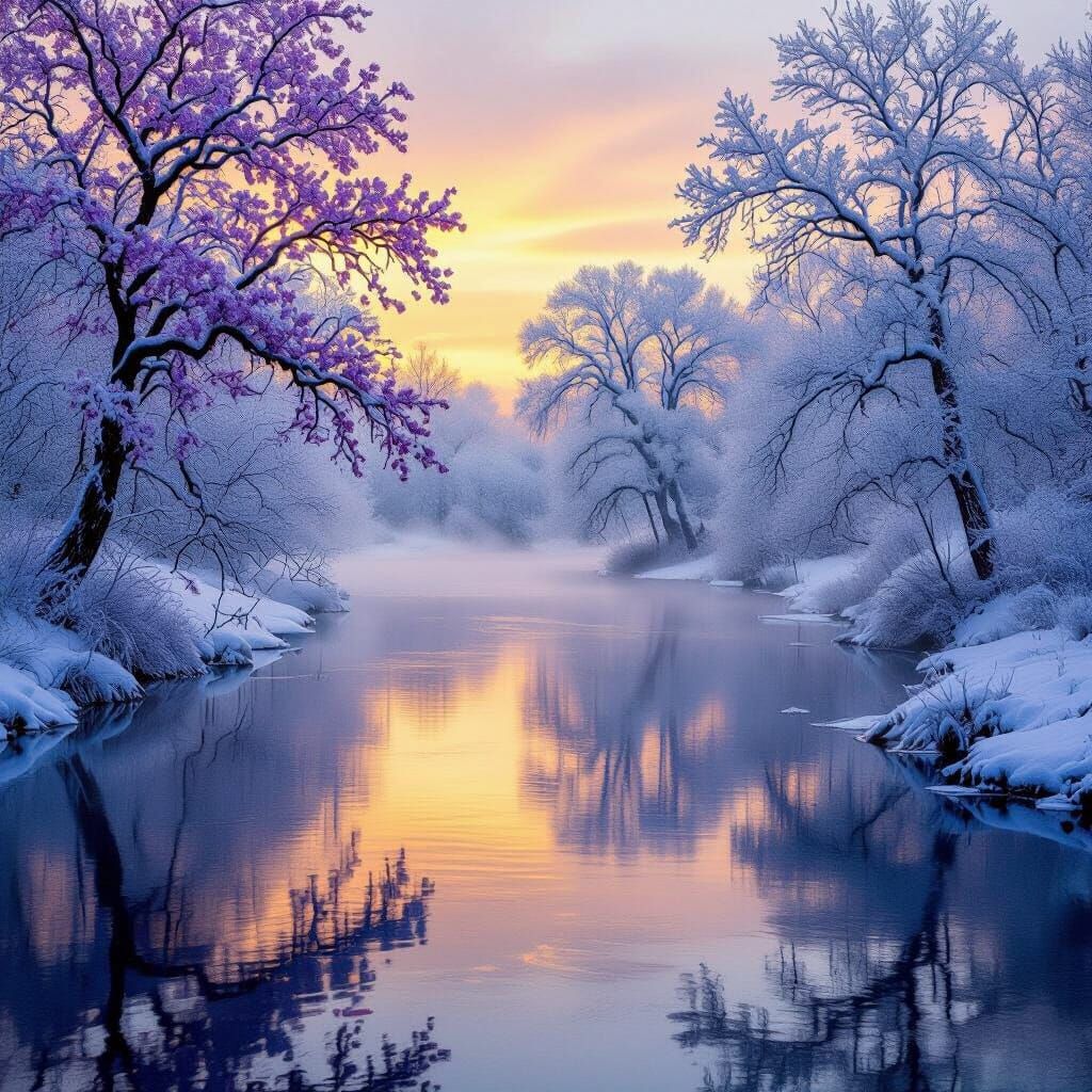Serene Winter Landscape with Purple Blossoms and Reflections