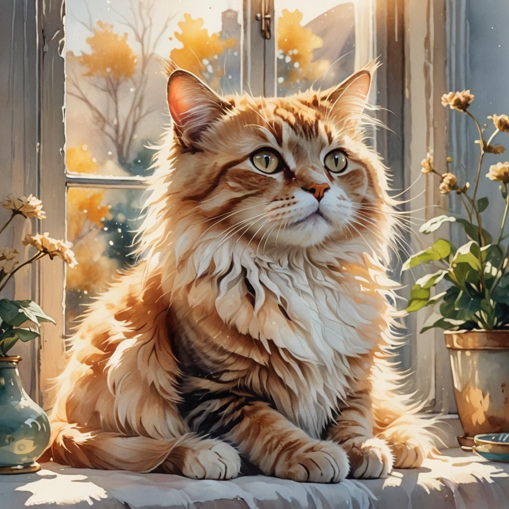 Whimsical Cat Illustration in Dreamy Watercolor Style