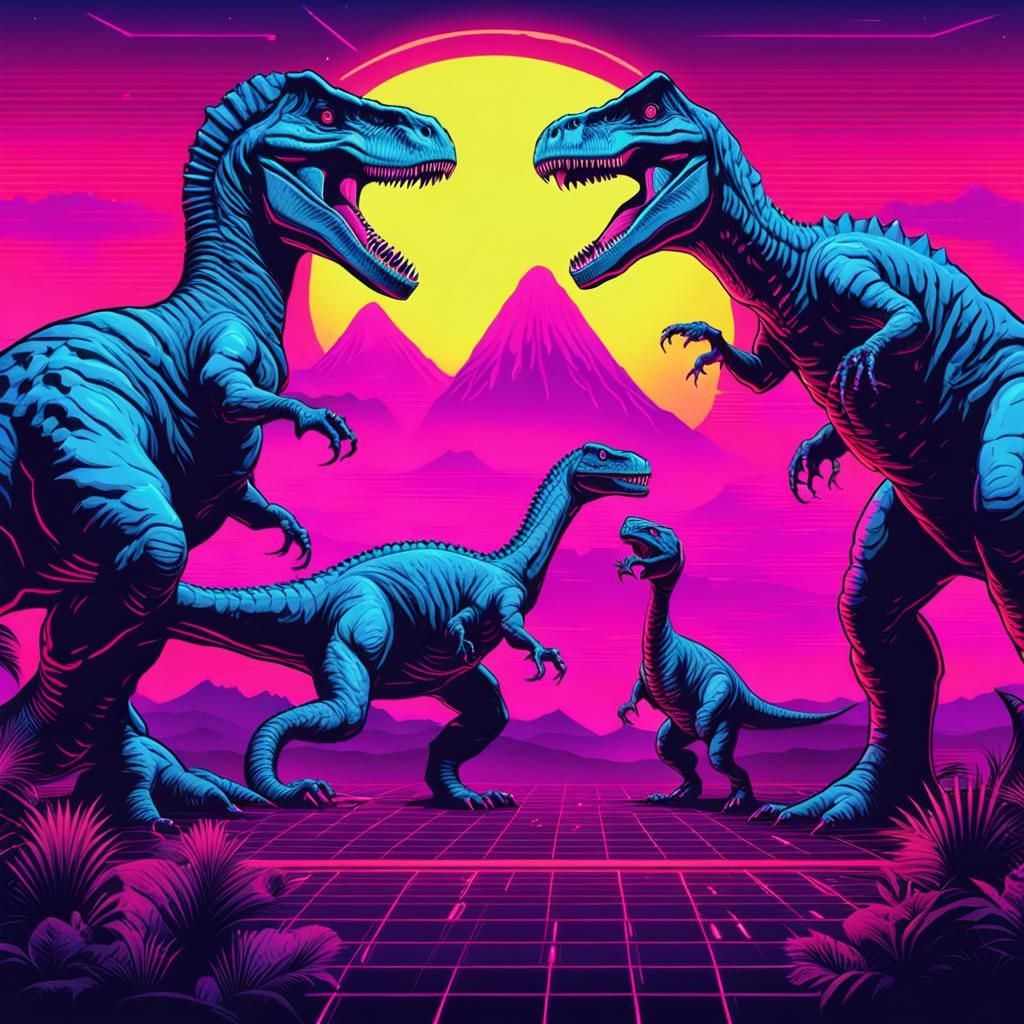 Dinosaur Battle in Synthwave Neon Retro Style
