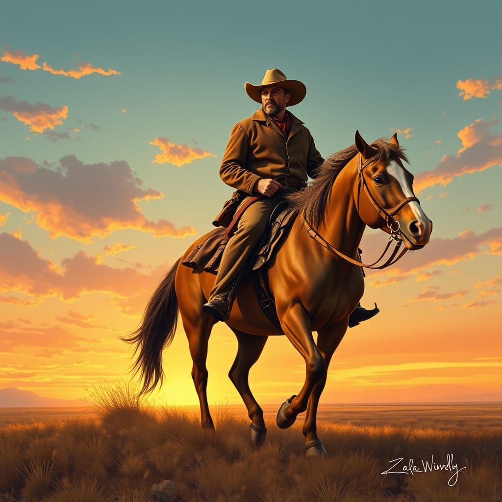 Lone Cowboy Rides into the Sunset: Americana Art