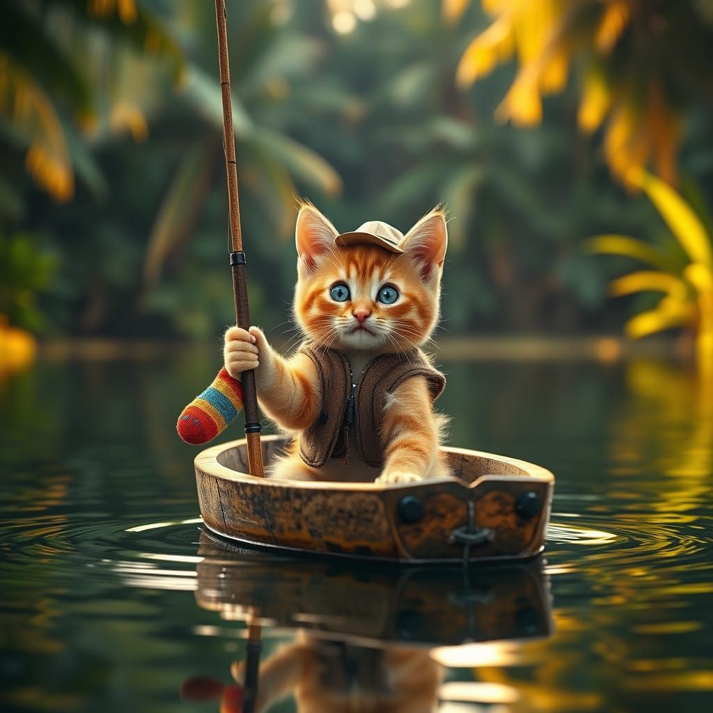 Whimsical Orange Kitten Discovers Sock on Fishing Line in Tr...