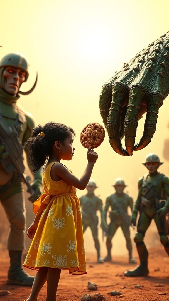 Brave Girl Offers Cookie to Towering Alien in Whimsical Scen...