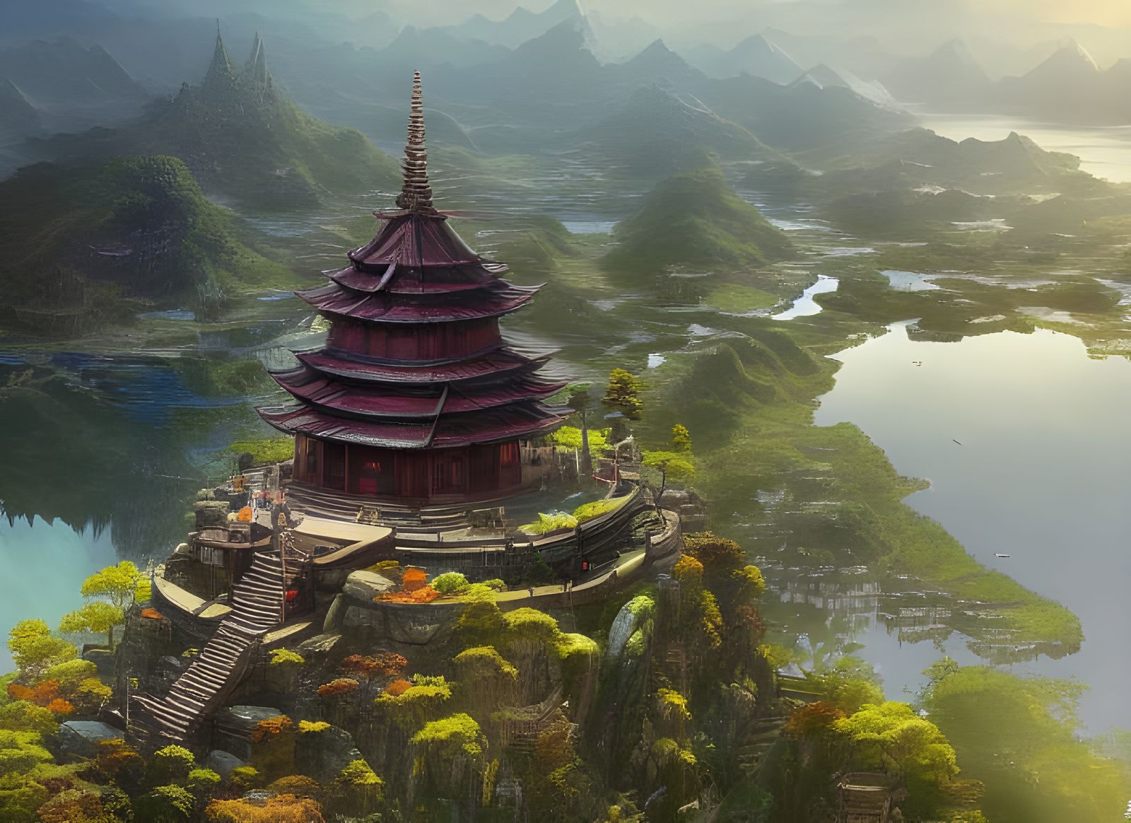 Temple on Mountain Lake Digital Illustration