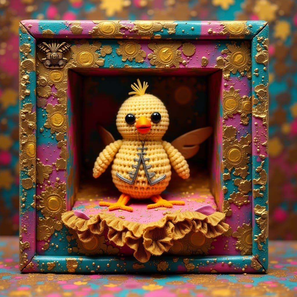 Crocheted Chick with Angry Expression in Ornate Diorama