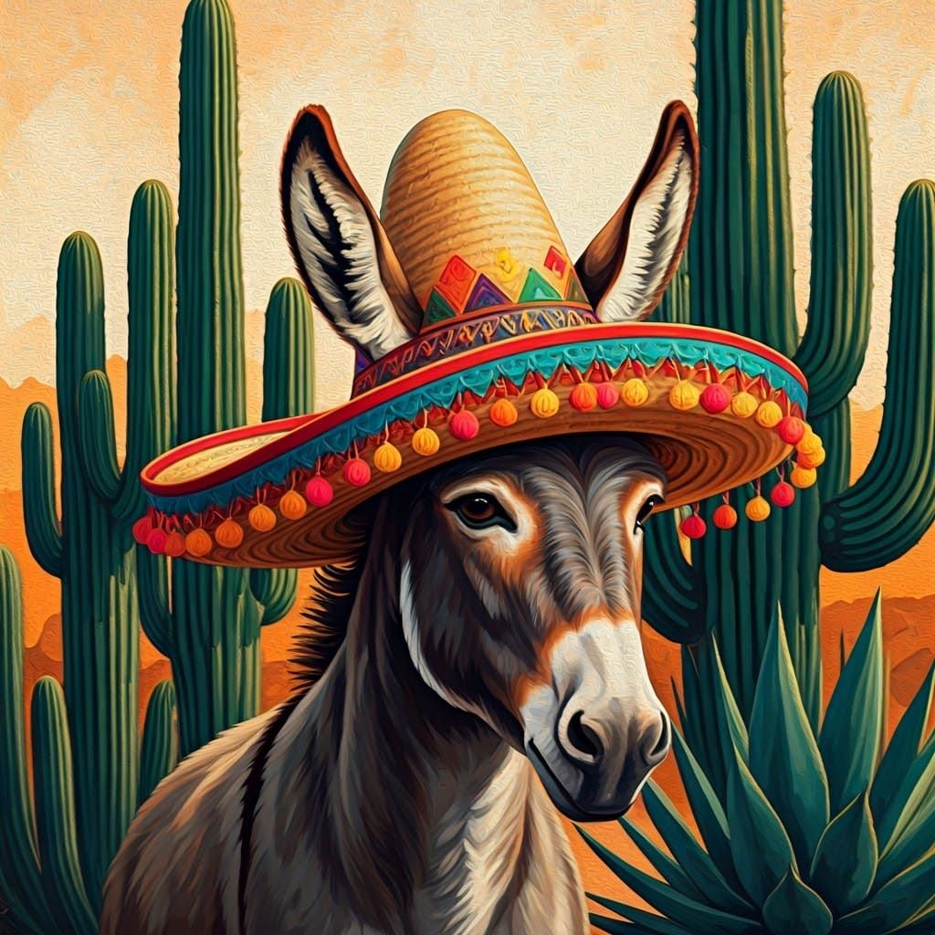 Donkey in Sombrero with Cacti: Mexican Art Style