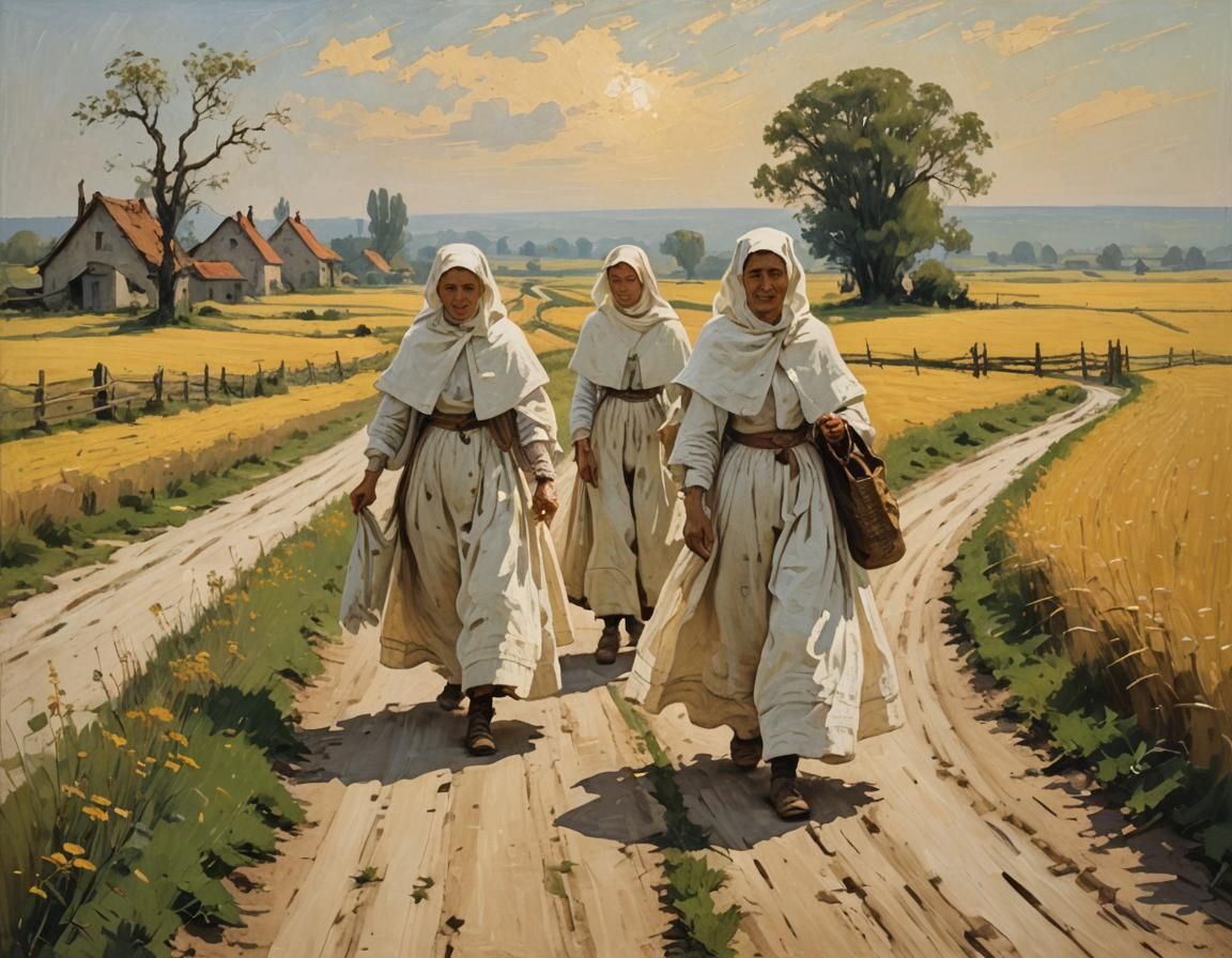 Women in Folk Dress in Rural Landscape