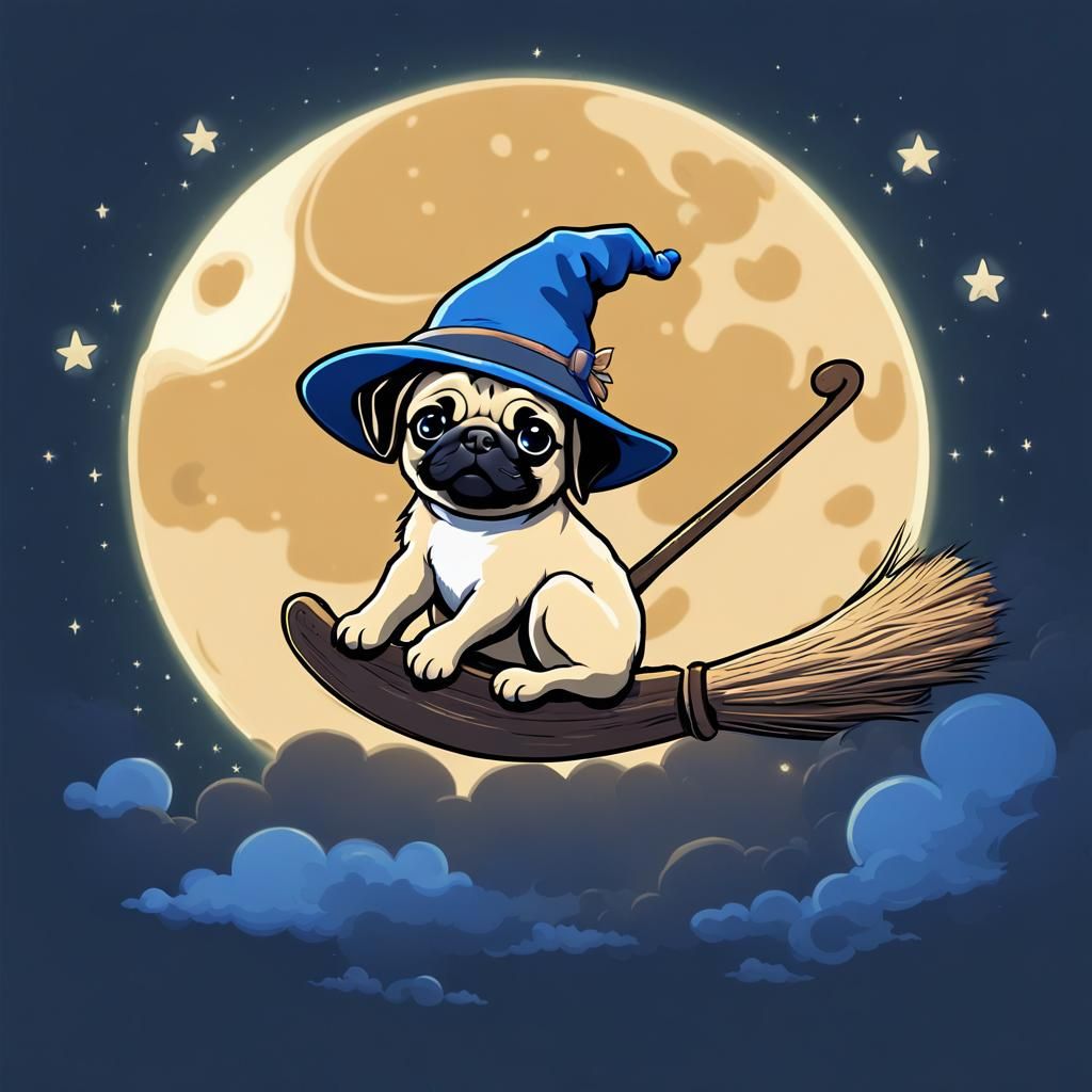 Cute Pug Puppy Witch Flying Past the Moon