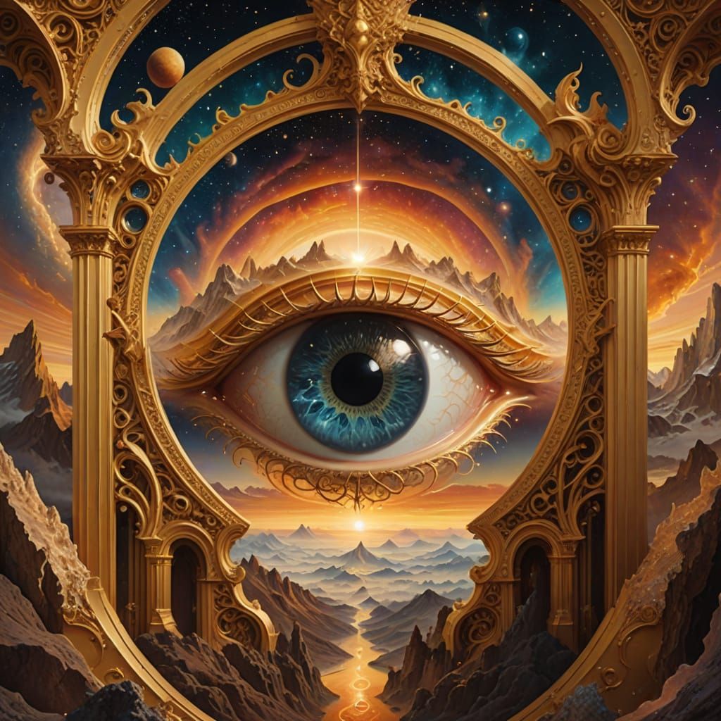 Ethereal Eye in Golden Frames Amidst Cosmic Nebulae