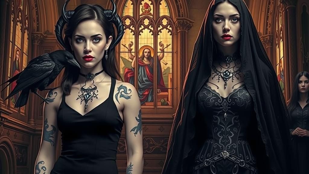 Gothic Church Scene with Contrasting Women