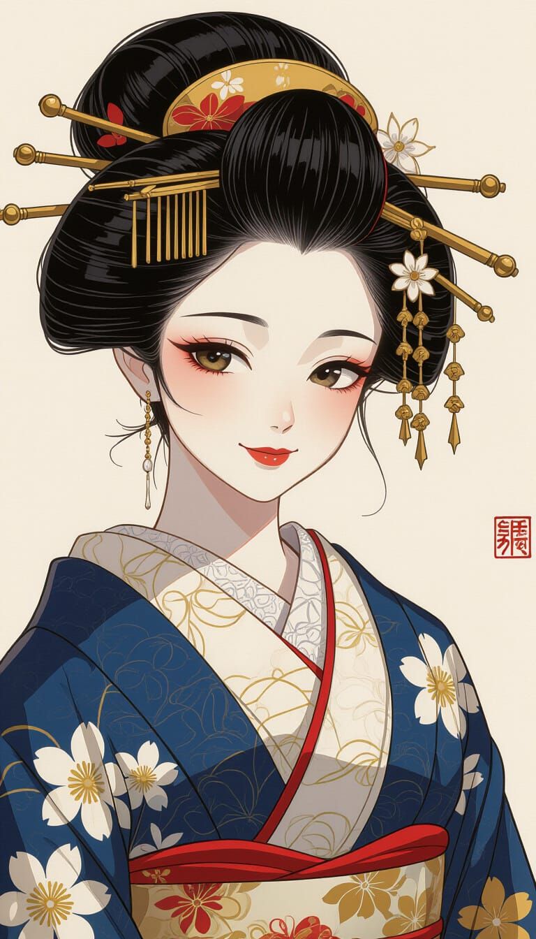 Smiling Geisha in Traditional Japanese Art Style
