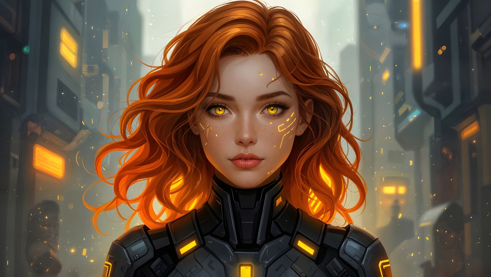 Ethereal Cyberpunk Goddess in Amber-Hued Futuristic Environm...