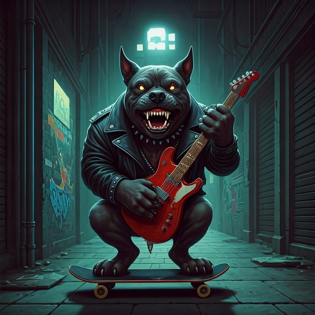 Gothic Dog Shreds Guitar on Skateboard in Dark Alleyway