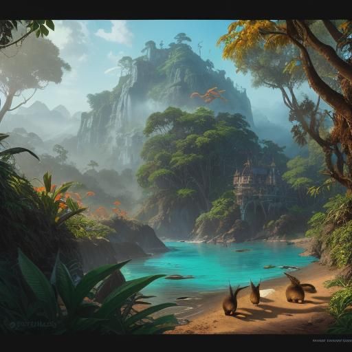 Capybaras Play in Lush Jungle: Fantasy Concept Art