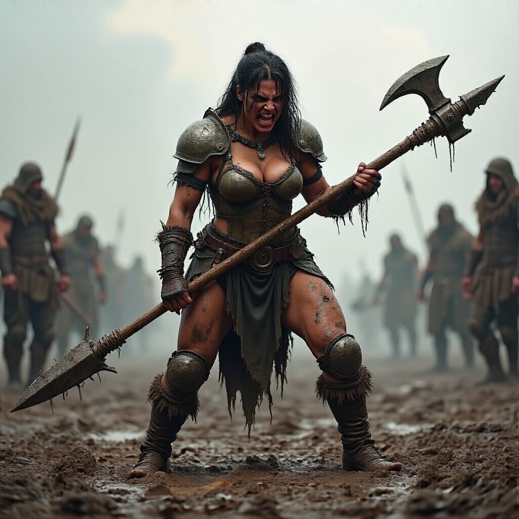 Fierce Warrior Woman on Chaotic Battlefield