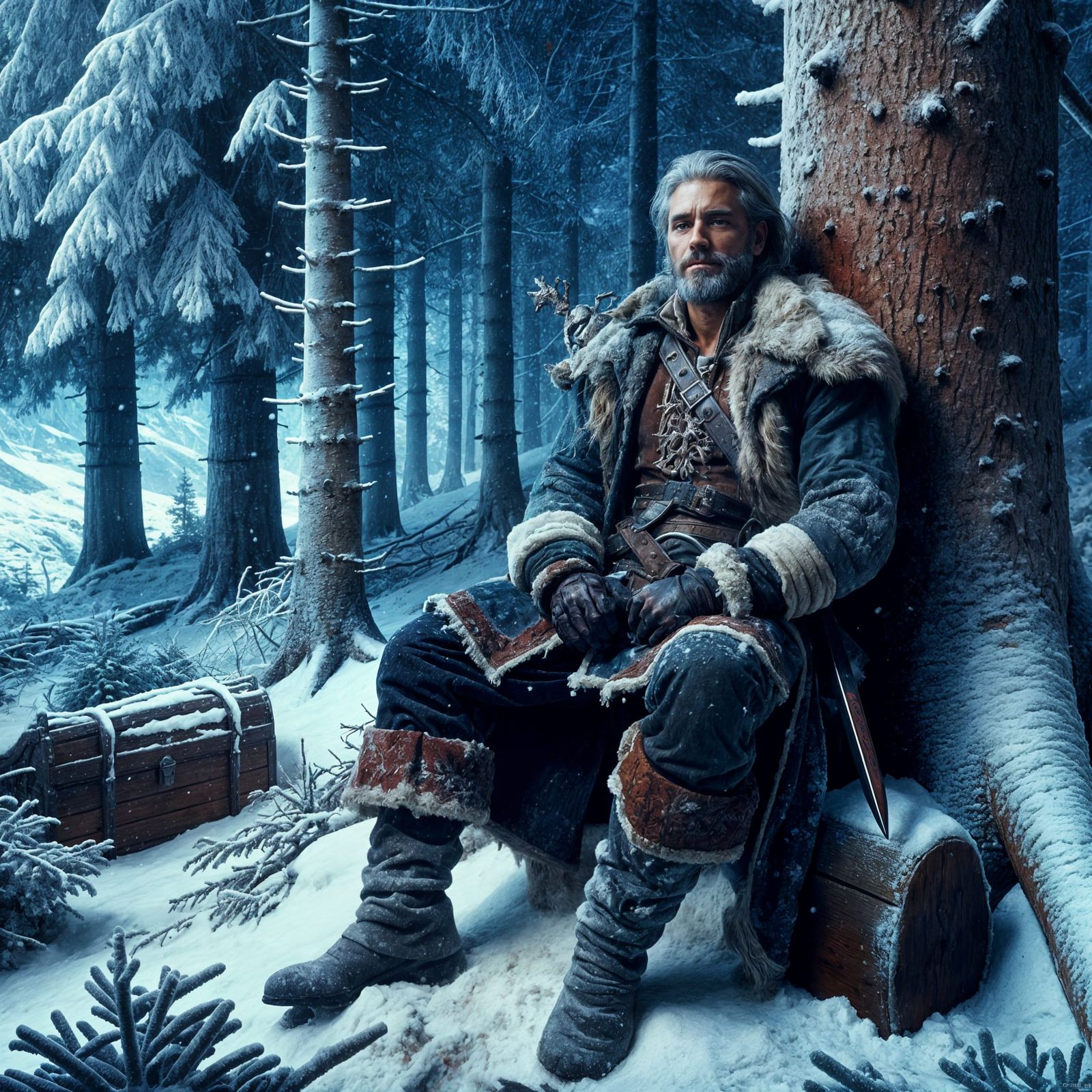 Dark Fantasy Merchant Amidst Frosty Forest