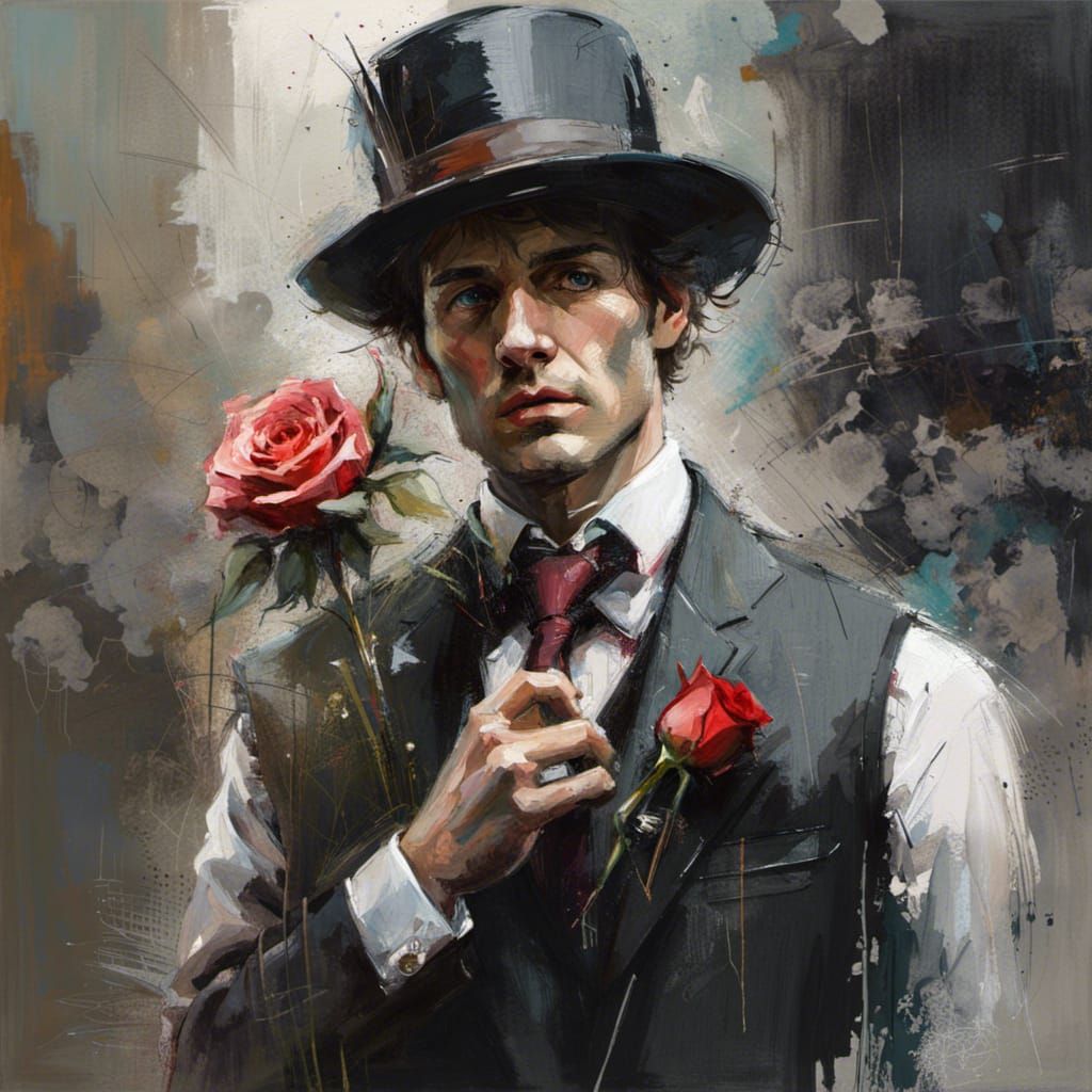 Emotional Man with Rose in Oil Painting Style