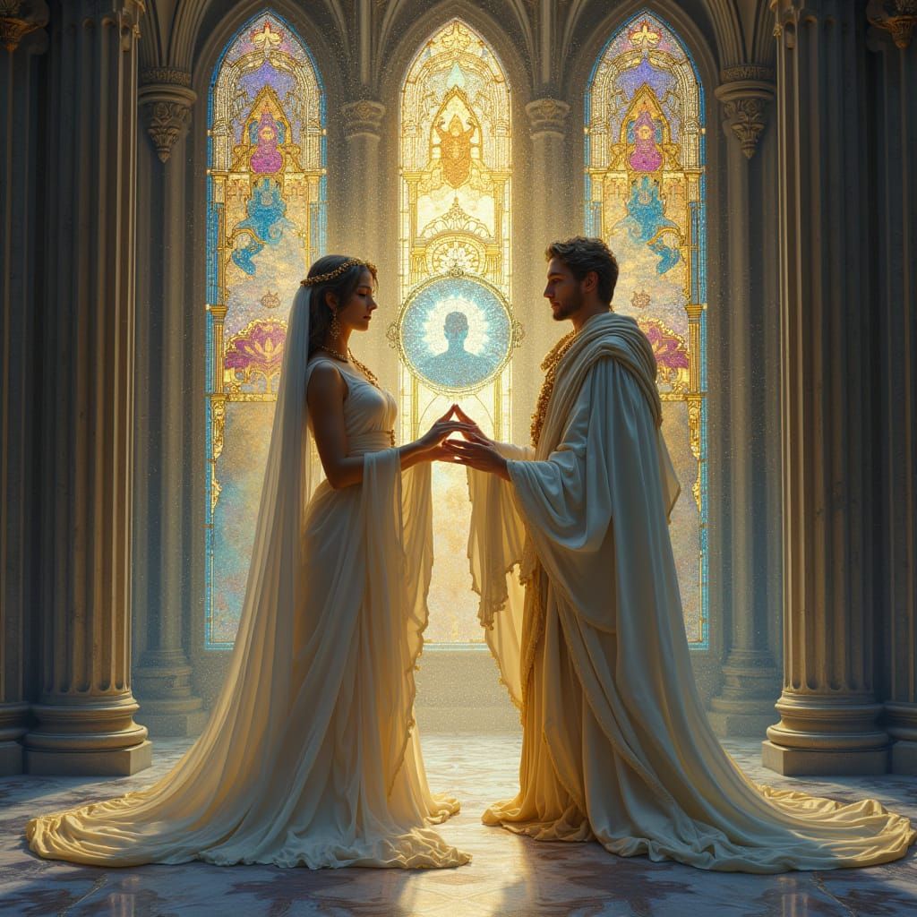 Divine Figures in Art Nouveau Cathedral with Iridescent Ligh...