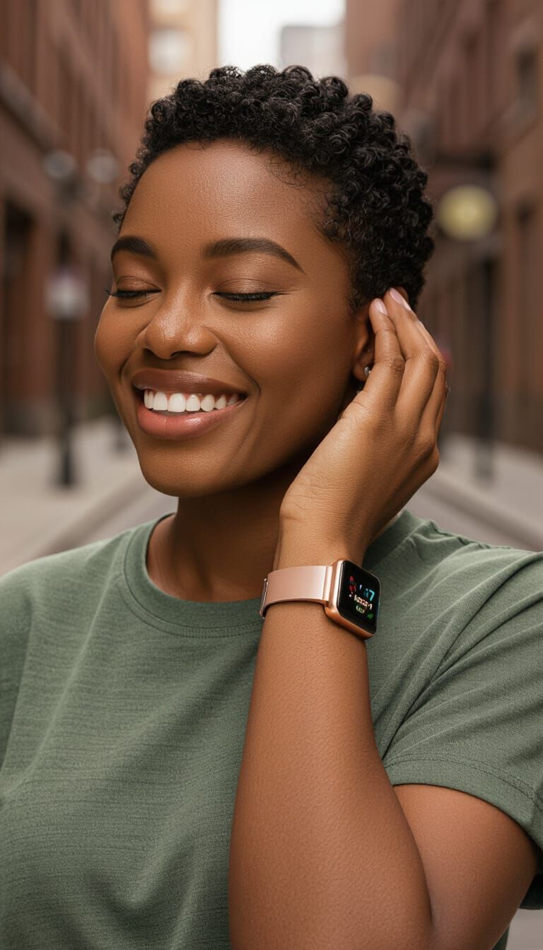 Happy Woman Smiles With Eyes Closed Wearing Smartwatch