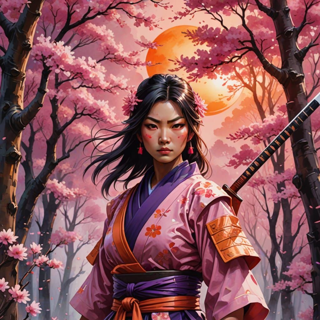 Samurai Ninja Girl in Cherry Blossom Forest, Anime Style