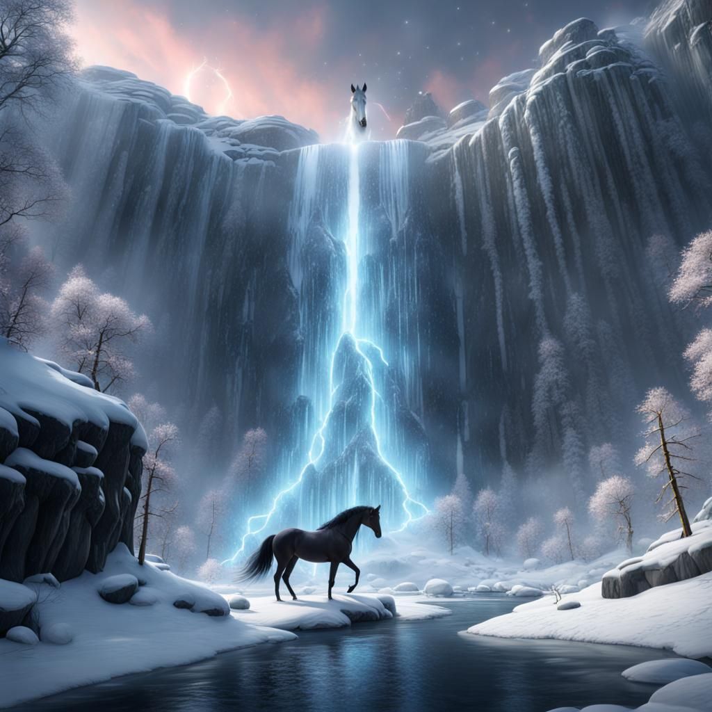 Frozen Waterfall with Black Horse in Fantasy Art