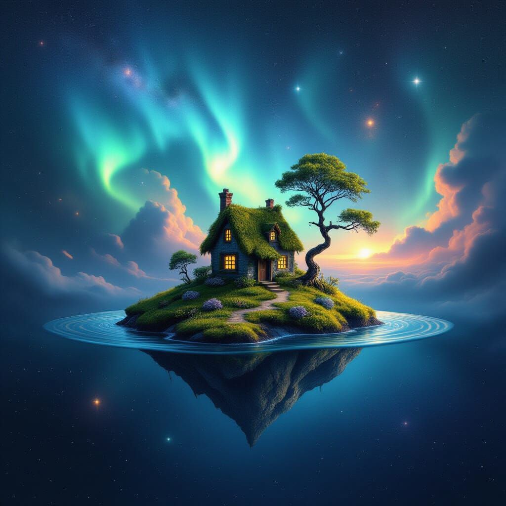 Miniature Island in Starry Nebula with Cosmic Aurora