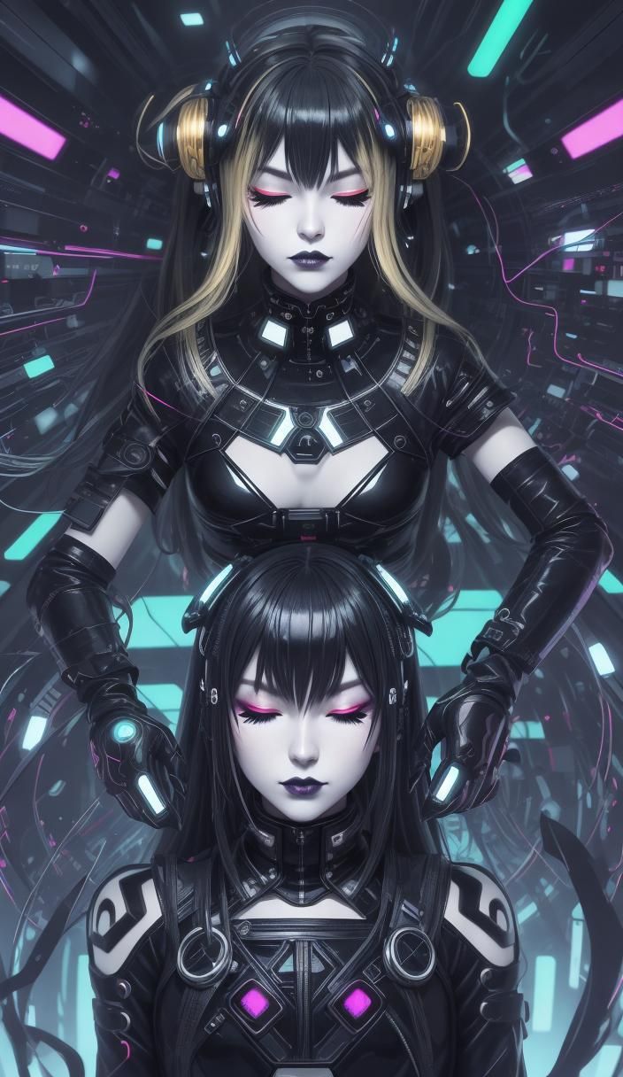 Cyber Goth Anime Girl in Neon Circuitry