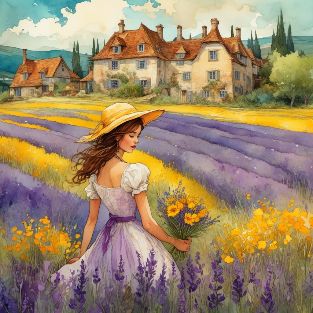 Woman in Lavender Field with Yellow Flowers