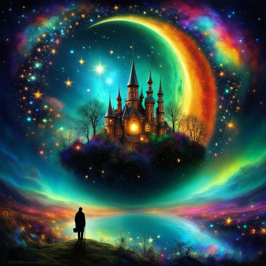 Colorful Cosmic Sci-Fi Landscape with Electric Moon