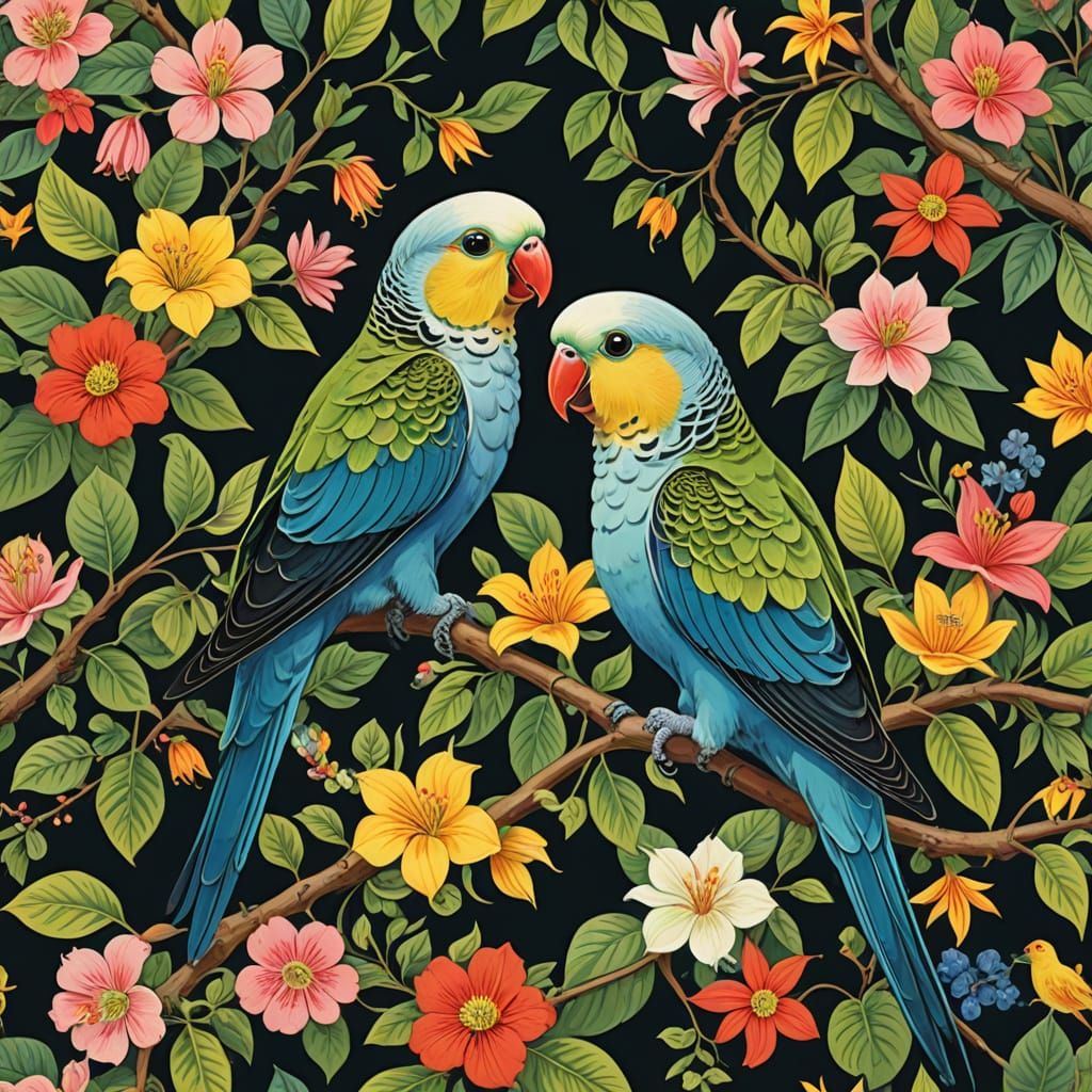 Two Supercute Parakeets Formed from Tropical Flora and Flowe...