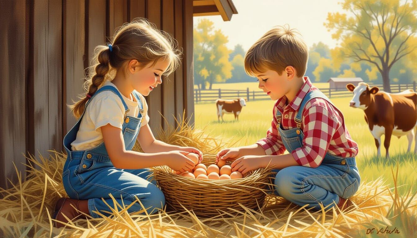 Children Collecting Eggs in Sunny Farm Scene
