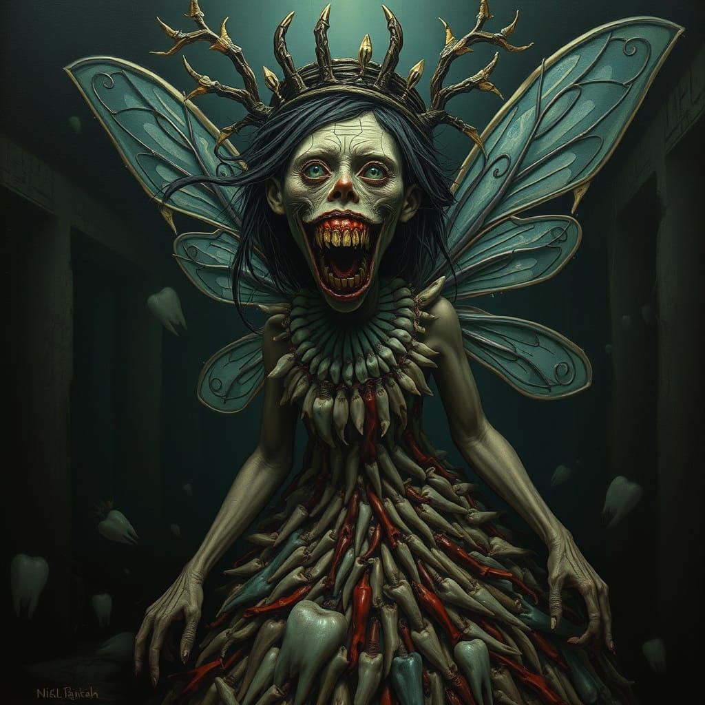 Goth Tooth Fairy in Maximalist Horror Painting
