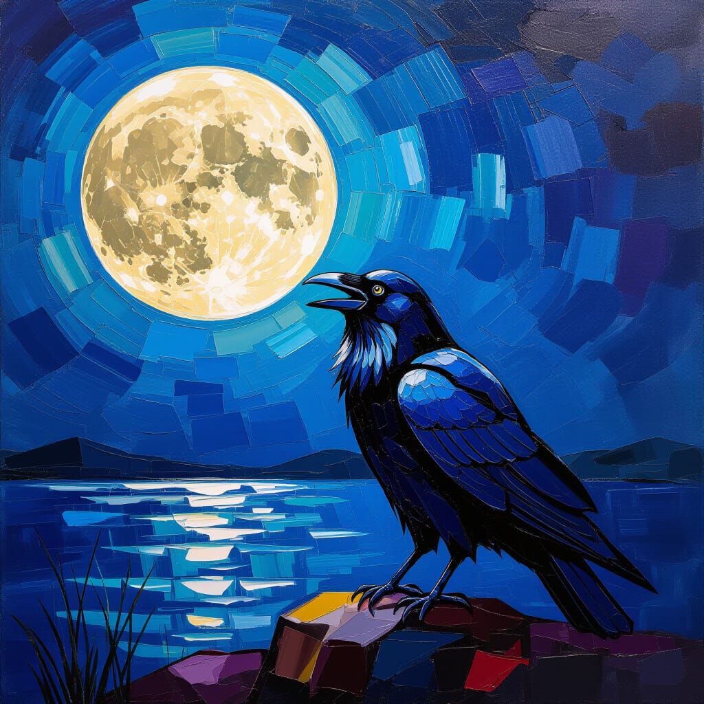 Raven Cawing at the Moon as Impasto Painting