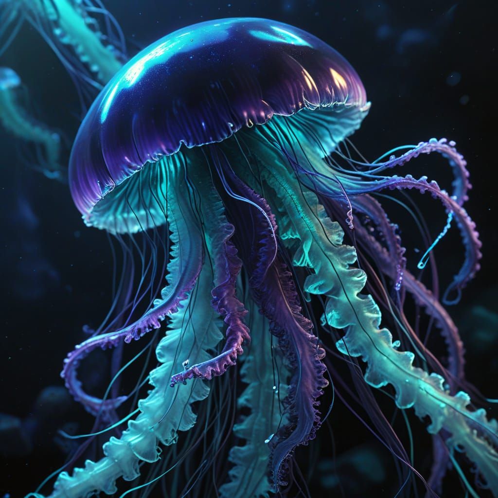 Surreal Bioluminescent Jellyfish Drifts through Dark Sea Dep...