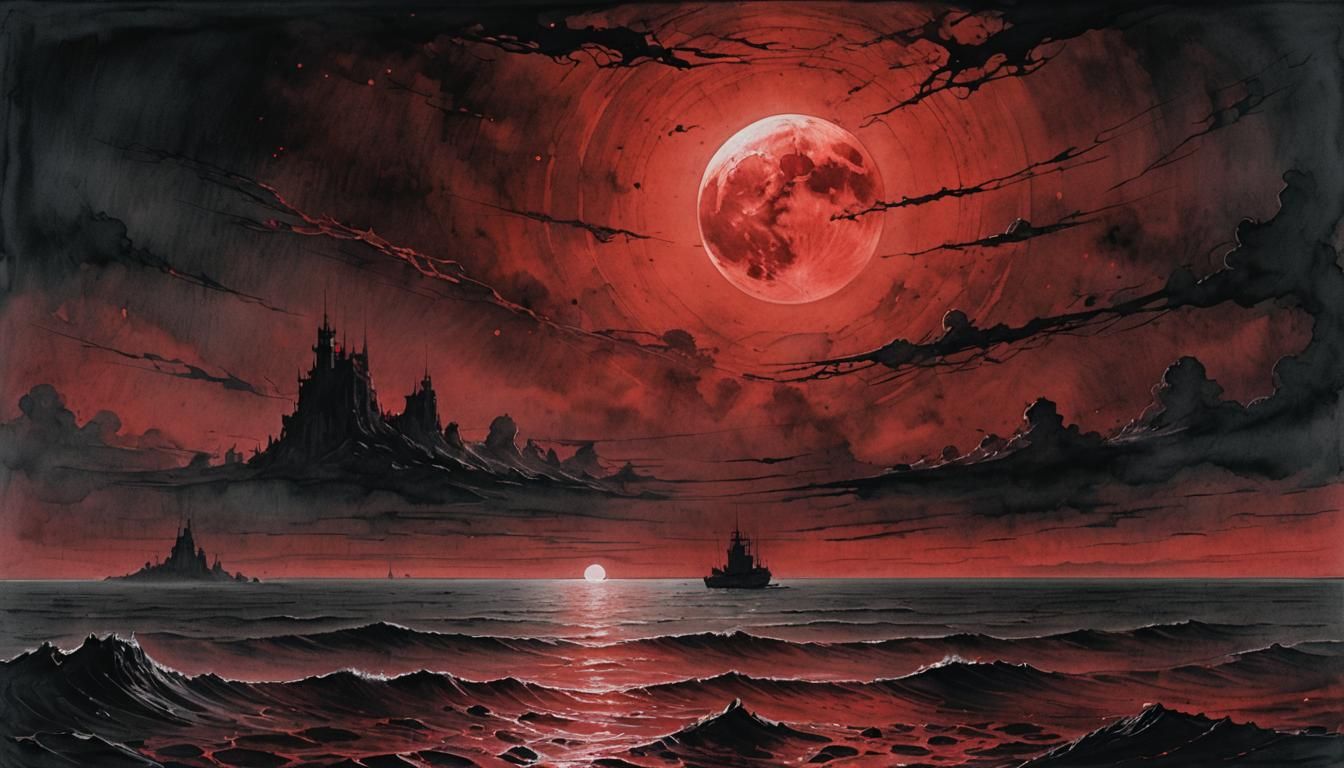 Blood Moon Over Sinister Red Ocean as Watercolor