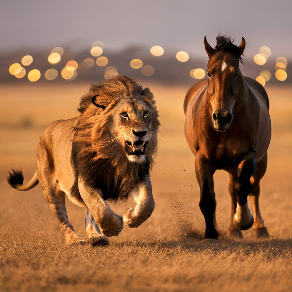 Lion Attacks Horse on Golden Savannah