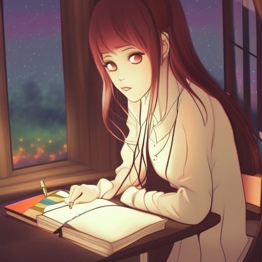 Woman Writes Diary at Night in Anime Style